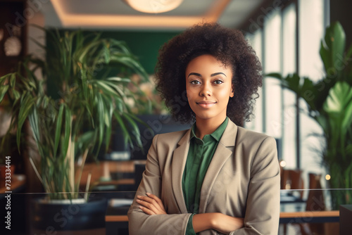 Confident businesswoman in a modern office setting exudes professionalism and poise © DP