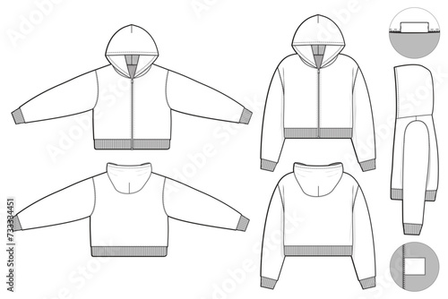 zip cropped hoodie sweatshirt flat technical drawing illustration mock-up template for design and tech packs men or unisex fashion CAD streetwear slim fit