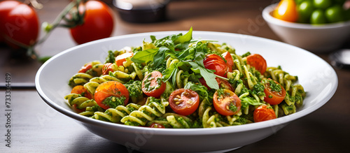 Photo of Fusilli Pesto Pasta Salad as a dish in a high-end restaurant cherry tomatoes on a dark background a plate of golden spelt pasta garnished with green pesto.