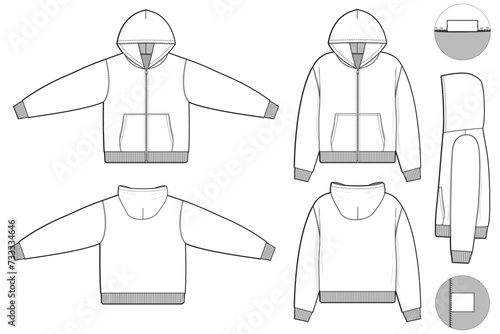 Full zip hoodie sweatshirt flat technical drawing illustration mock-up template for design and tech packs men or unisex fashion CAD streetwear.