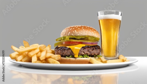 A hamburger and fries with a glass of beer