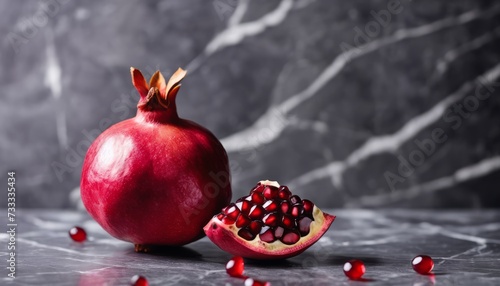 A pomegranate is cut open and sits next to a whole one photo