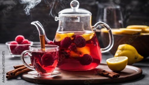 A glass of raspberry tea with a lemon wedge on the side