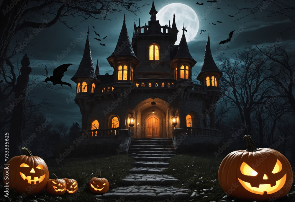 Halloween night background. Halloween pumpkins and candles light on a spooky and scary night. Horror scene of Halloween pompkin at castle in the forest. Halloween day background. Halloween night background. Halloween pumpkins and candles light on a spooky and scary night. Horror scene of Halloween pompkin at castle in the forest. Halloween day background.