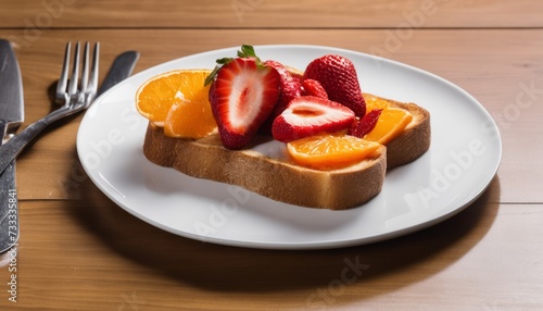 A plate of toast, strawberries, and orange slices