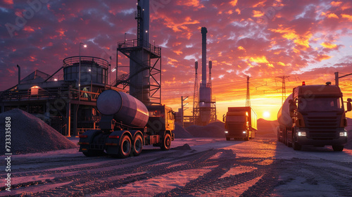 A dynamic industrial plant scene, with a focus on a concrete mixer and heavy trucks loading, framed by a vivid sunset2