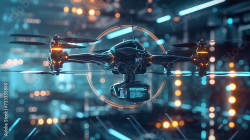 A futuristic backdrop depicting a high-tech drone implementing cybersecurity measures, providing a unique insight into advanced technology2