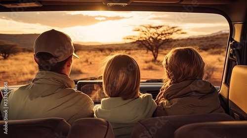 Family safari experience observing. Outdoor activity. Vacation with family