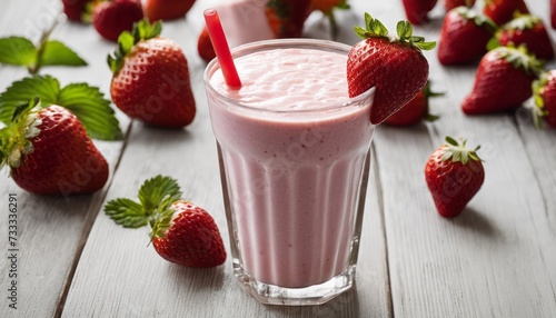 A glass of strawberry milkshake with strawberries on the table