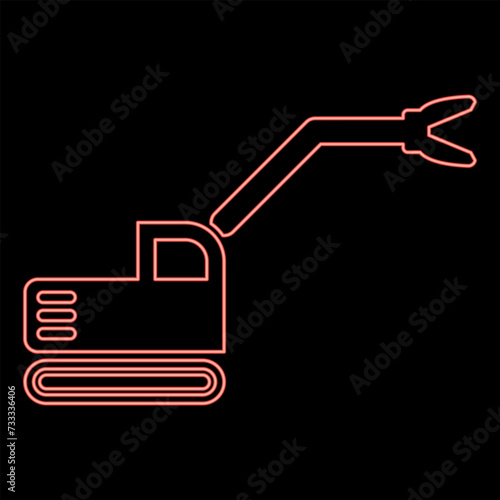 Neon sloopkraan building machine demolish wrecking cut knife crane truck red color vector illustration image flat style
