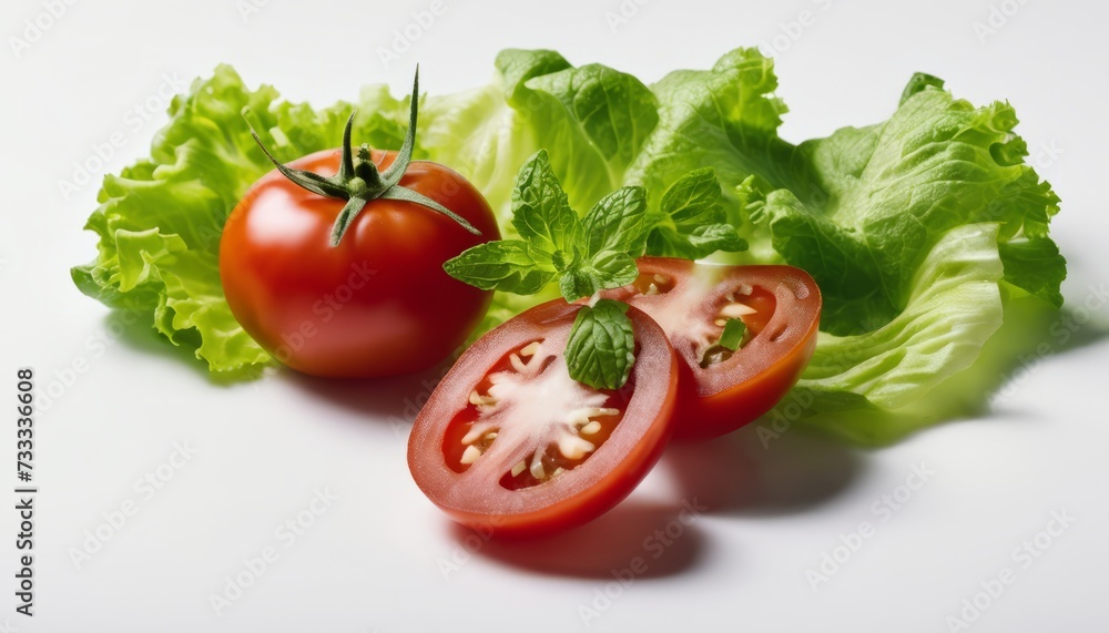 A close up of a tomato and lettuce on a white background A close up of a tomato and lettuce on a white background
