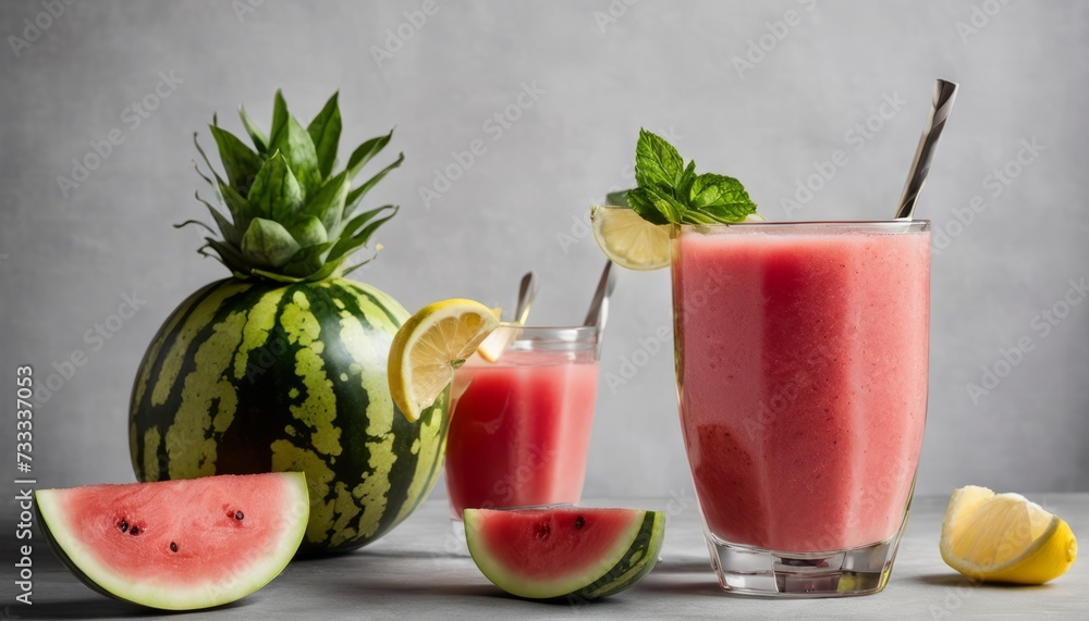 A watermelon and lemon drink with a slice of watermelon on the side A watermelon and lemon drink with a slice of watermelon on the side