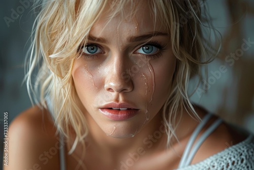 A heartbroken woman with blonde and brown layered hair, tear-stained face, and pouty lips gazes into the camera, her surfer hair framing her sorrowful eyes and expressive eyebrows in this stunning po photo