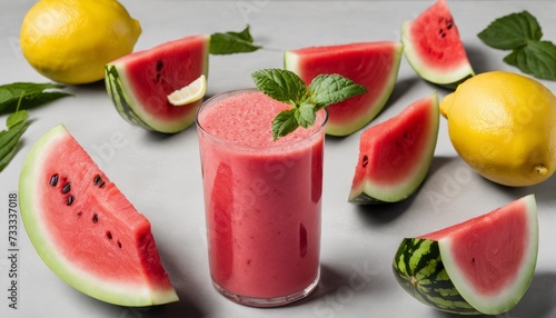 A glass of watermelon juice with a slice of watermelon on top