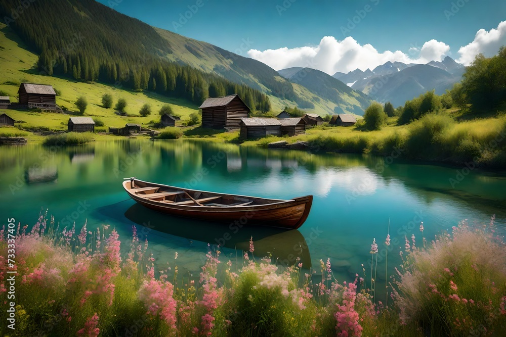 A lakeside scene with a weathered wooden boat docked near a small fishing village, surrounded by hills covered in wildflowers