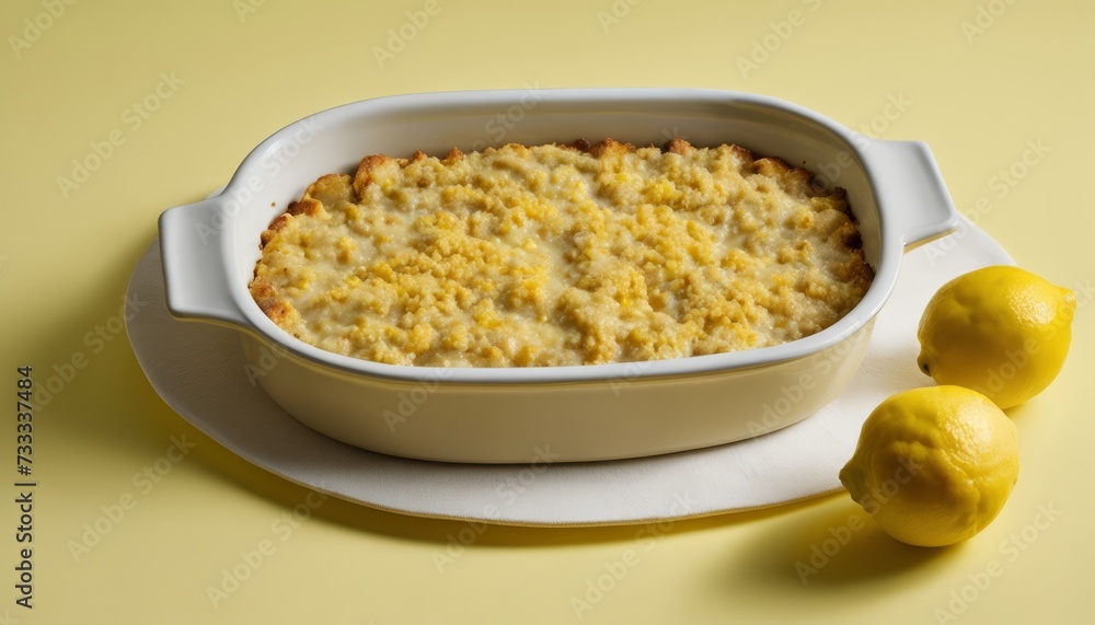 A white bowl filled with a yellow food, possibly macaroni and cheese, sits on a yellow table