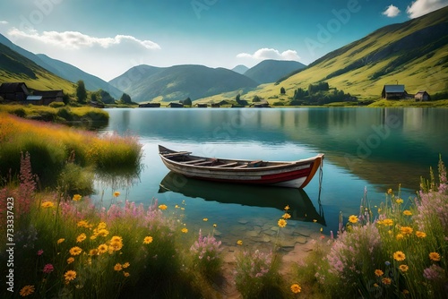 A lakeside view with a worn wooden boat anchored near a little fishing village, surrounded by wildflower-covered hills.