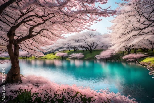A secluded lake surrounded by flowering cherry blossoms  with petals gradually falling to create a gorgeous image of peace.
