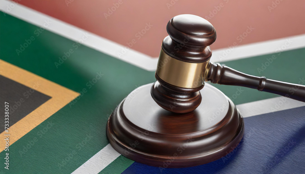 South African law and judicial concept. Gavel in front of a South African flag 