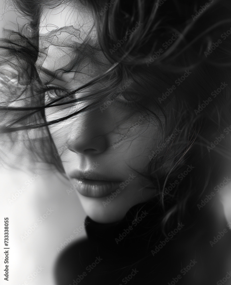 Naklejka premium Black and white portrait of a young girl in smoke and fog close-up