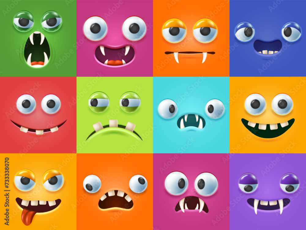 Funny 3d monsters faces. Scary facial expressions, monster mouths and teeth with cartoon eyes vector illustration set Funny 3d monsters faces. Scary facial expressions, monster mouths and teeth with cartoon eyes vector illustration set