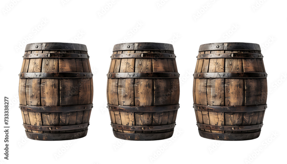three wooden barrels are lined up in a row on transparent background three wooden barrels are lined up in a row on transparent background