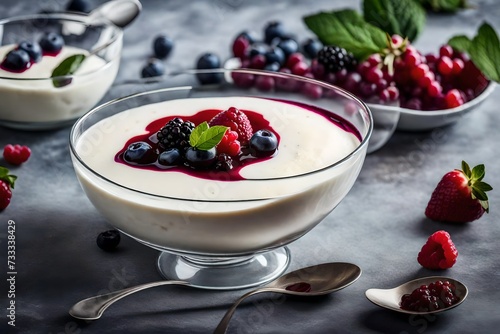 A bowl of creamy vanilla bean pannacotta with berry compote photo