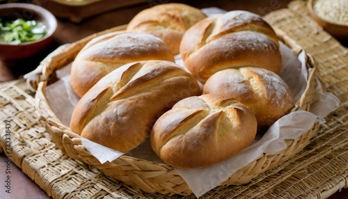 A basket of bread rolls on a table photo