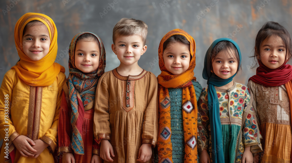Group of happy multi ethnic children. White, black, asian, arab, south east asia, india ,generative ai.
