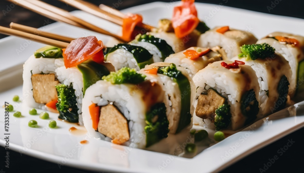 A plate of sushi with broccoli and carrots A plate of sushi with broccoli and carrots