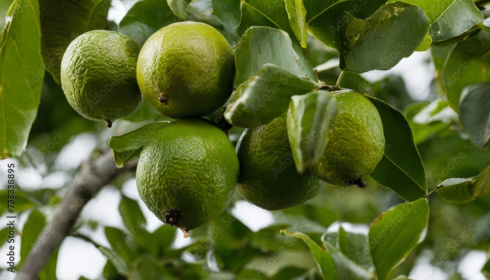 A tree with green limes hanging from its branches A tree with green limes hanging from its branches