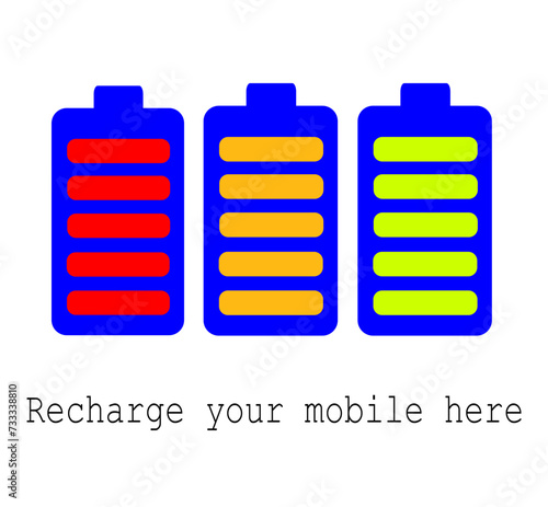 Battery charging indicative icon, colorful batteries of three colors red orange and green.