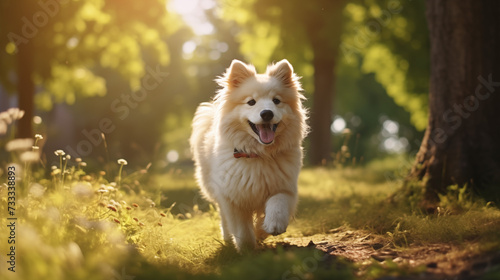 A cheerful dog outside a walk in the morning in the park, bright sunlight, 