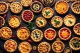 A tray of various tiny quiches with a flaky pastry crust. 