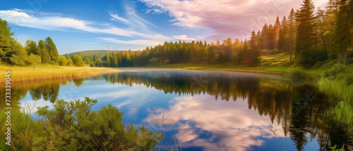 Serene Lakeside Morning: Reflective Waters Mirroring the Tranquil Beauty of a Forest Landscape