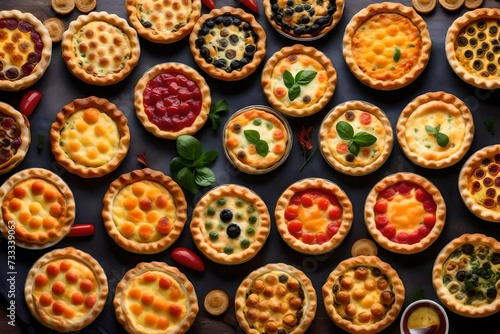 A tray of various tiny quiches with a flaky pastry crust. 