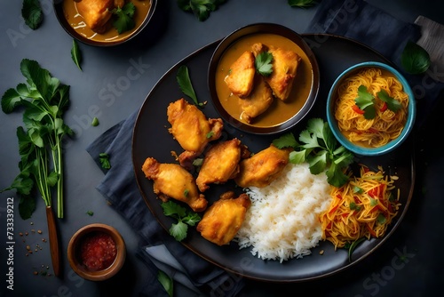 Crispy coconut chicken curry served with fragrant basmati rice.