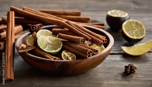 A wooden bowl filled with cinnamon sticks and lemon slices