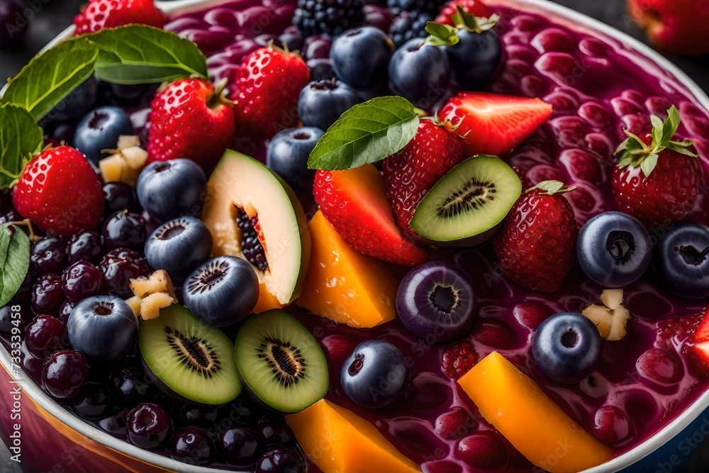 A close-up of a colourful and lively acai bowl with fresh fruit toppings A close-up of a colourful and lively acai bowl with fresh fruit toppings