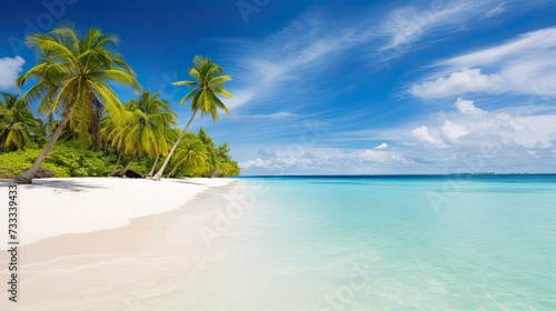 Travel banner on summer. beautiful beach. Idyllic sandy beach with clear turquoise ocean and palms. 