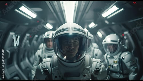 Team of astronauts in a space suits aboard the orbital station. A crew of cosmonauts piloting the spaceship. People in space. The concept of galactic travel and science.