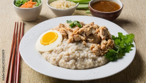 A plate of food with rice, chicken, and an egg