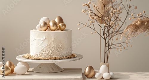 The image showcases an elegant white cake with textured frosting on a cake stand, beautifully adorned with golden eggs on top. The color palette is neutral with beige and golden hues that evoke a sens
