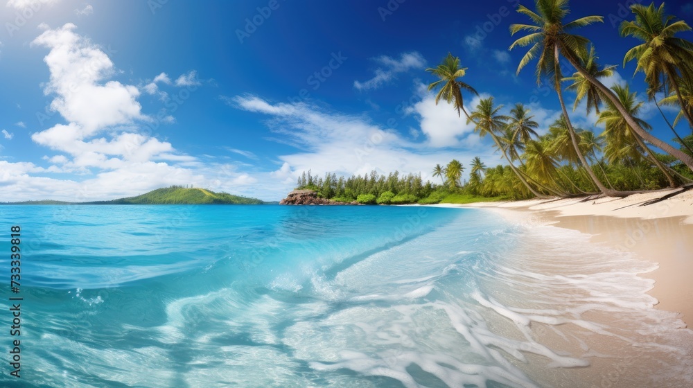 Travel banner on summer.	beautiful beach. Idyllic sandy beach with clear turquoise ocean and palms. 