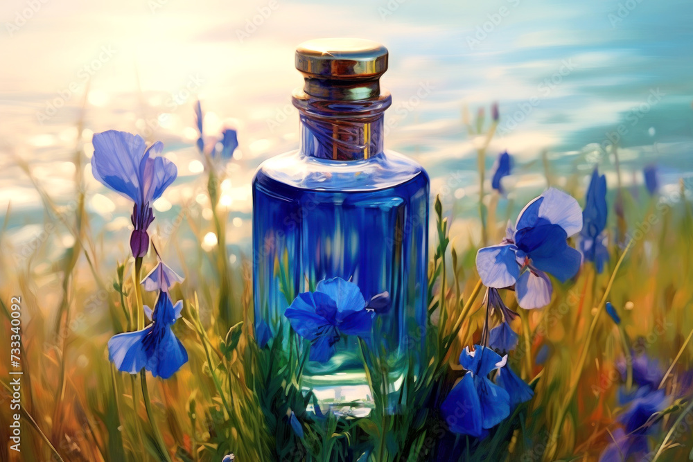 Exquisite blue glass bottle with flax oil. A transparent beautiful flacon with a shiny lid. Generated by AI. Exquisite blue glass bottle with flax oil. A transparent beautiful flacon with a shiny lid. Generated by AI.