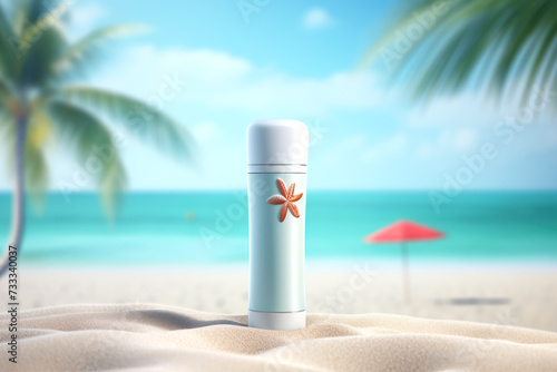 Mock-up of sunscreen on the background of the beach, sea, umbrella and palm trees. Generated by AI. © DP