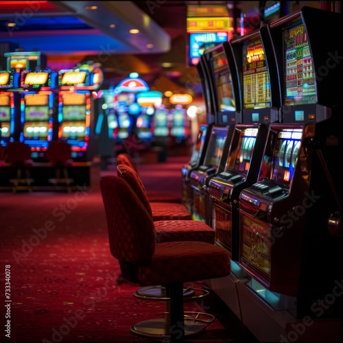 a deserted slots in the dimly lit casino room during the quiet early morning