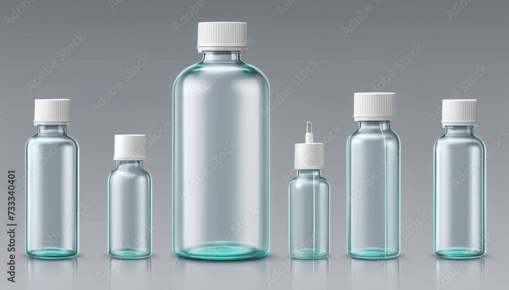 A row of clear glass bottles with white caps A row of clear glass bottles with white caps
