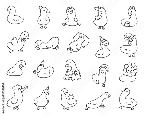 Cute kawaii goose. Coloring Page. Cartoon funny duck characters. Hand drawn style. Vector drawing. Collection of design elements.
