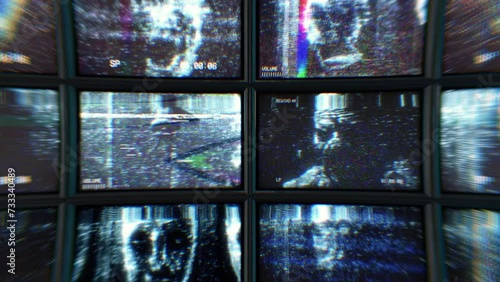 Wall of CCTV screens with scary faces distorted footage
 photo